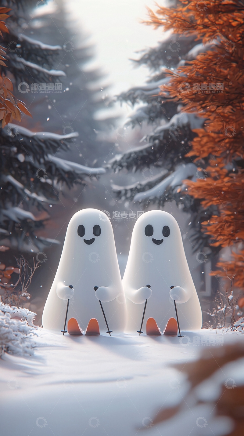 高清大图下载【趣麦麦图】冬季滑雪的卡通幽灵
