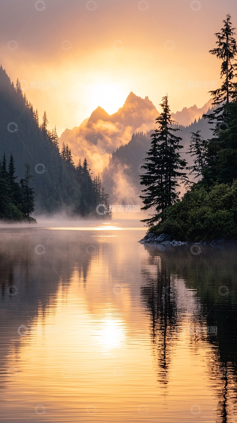 高清大图下载【趣麦麦图】晨雾中的湖光山色