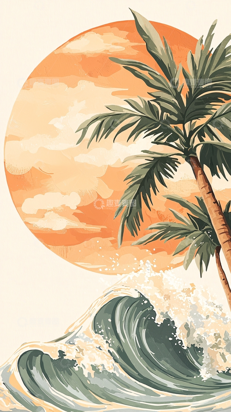 高清大图下载【趣麦麦图】热带海滩日落海浪棕榈树