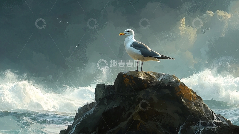高清大图下载【趣麦麦图】海鸥与波涛的宁静时刻