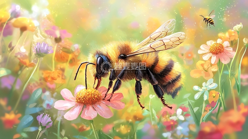 高清大图下载【趣麦麦图】蜂飞花间采蜜图