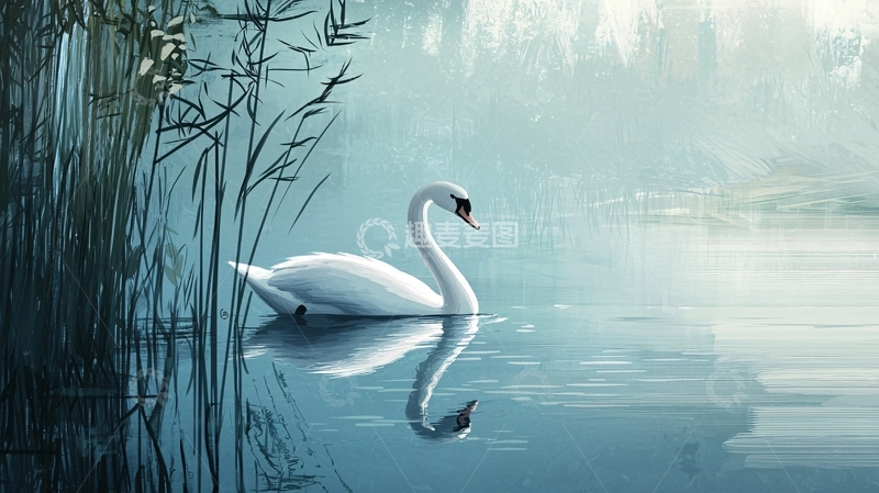 高清大图下载【趣麦麦图】湖畔白鹅宁静时光
