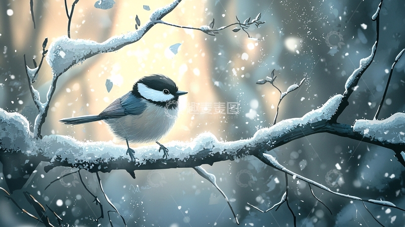 高清大图下载【趣麦麦图】冬日雪景中的小鸟