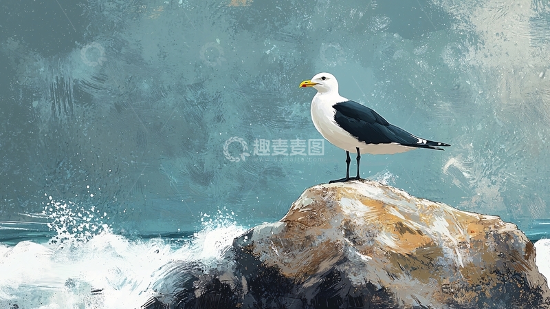 高清大图下载【趣麦麦图】海鸥与岩石上的波浪