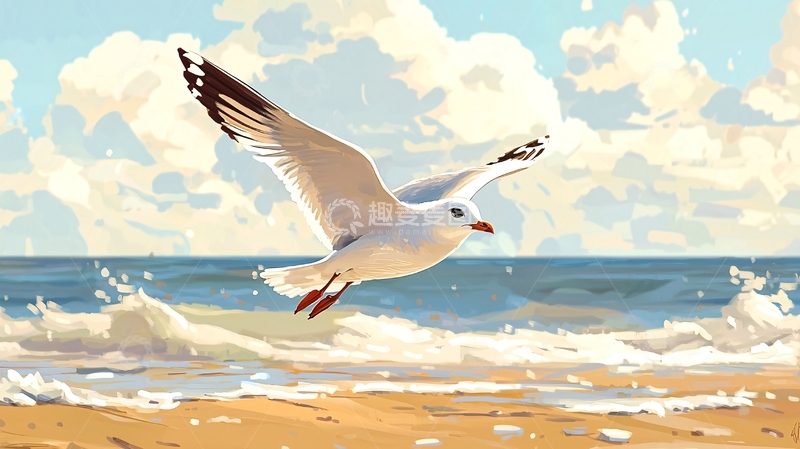 高清大图下载【趣麦麦图】海鸥飞翔沙滩海边风景