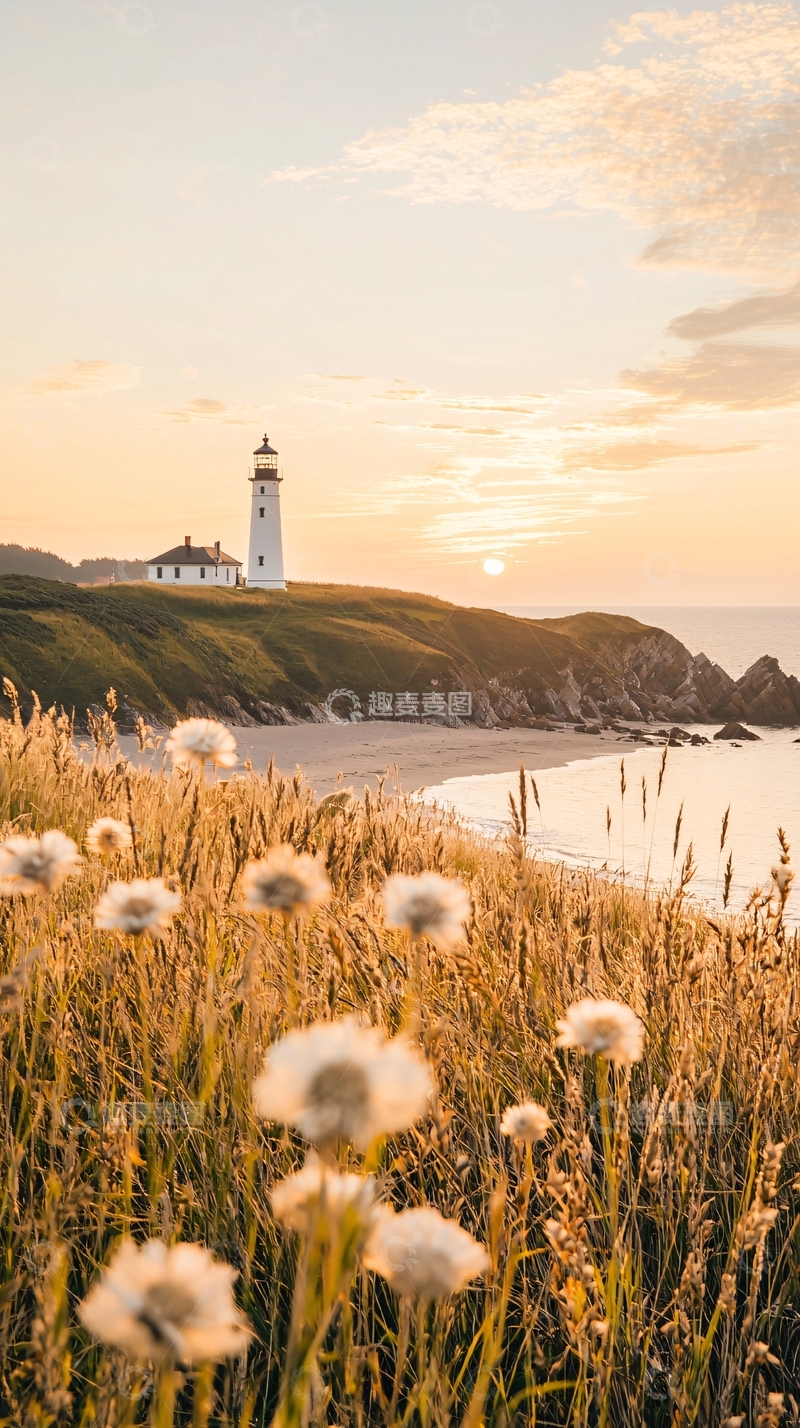 高清大图下载【趣麦麦图】夕阳下的灯塔与野花