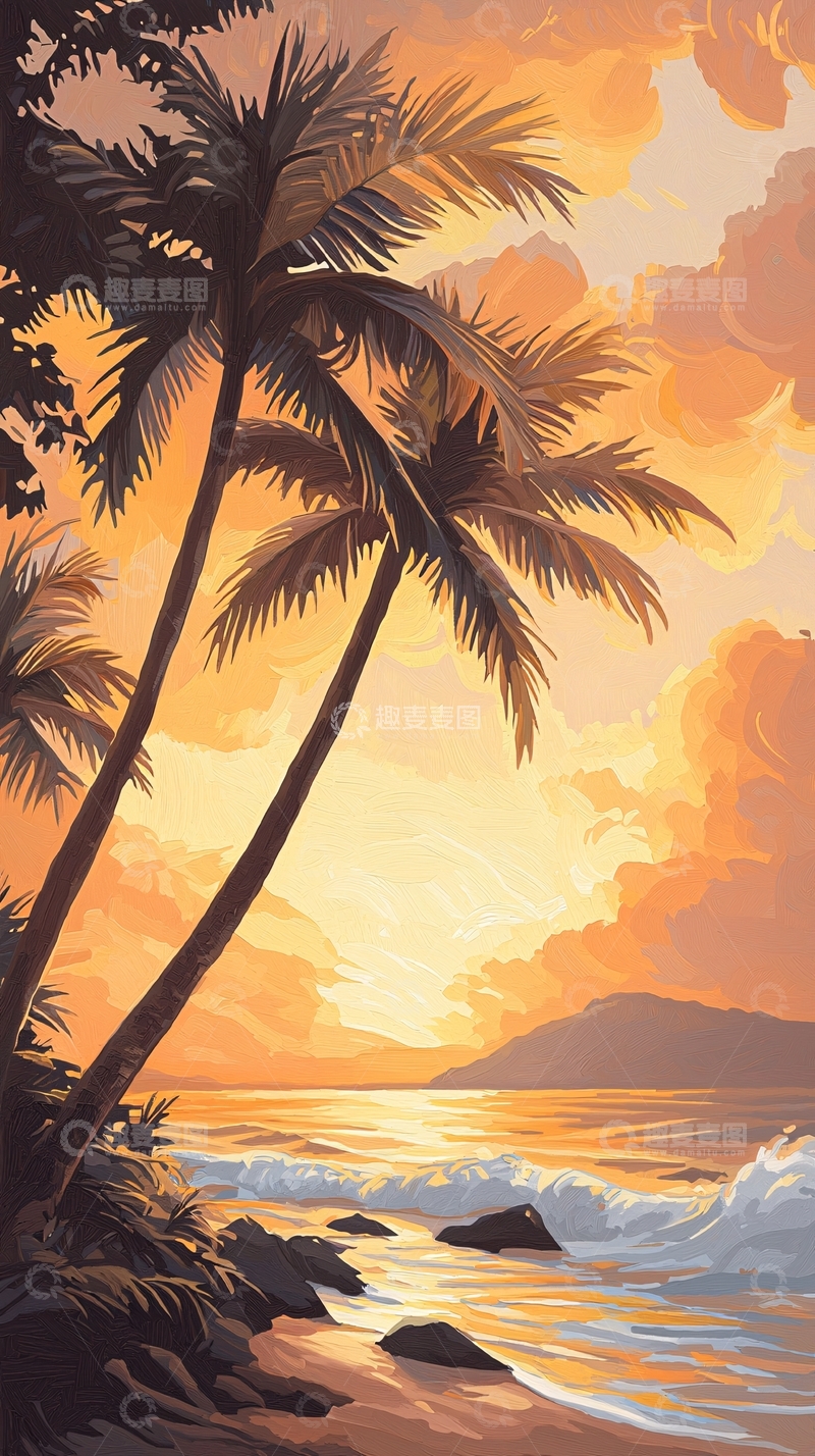 高清大图下载【趣麦麦图】热带海滩日落风景画
