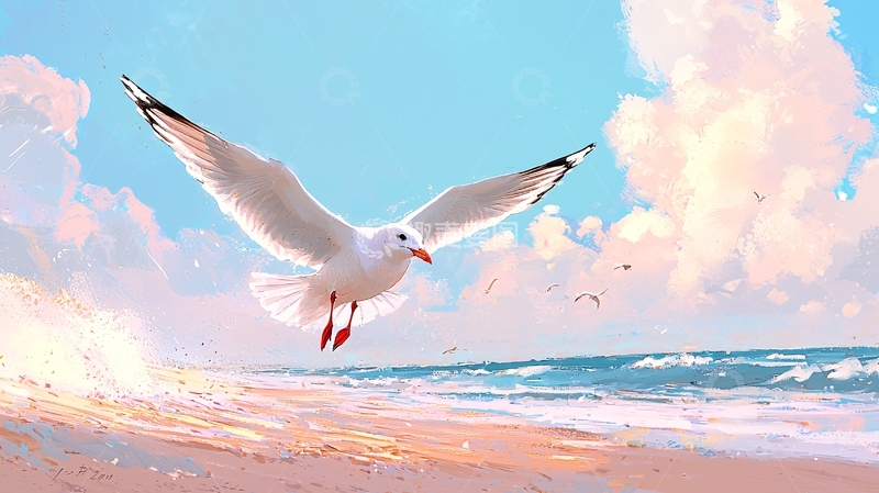 高清大图下载【趣麦麦图】海鸥飞翔沙滩风景画