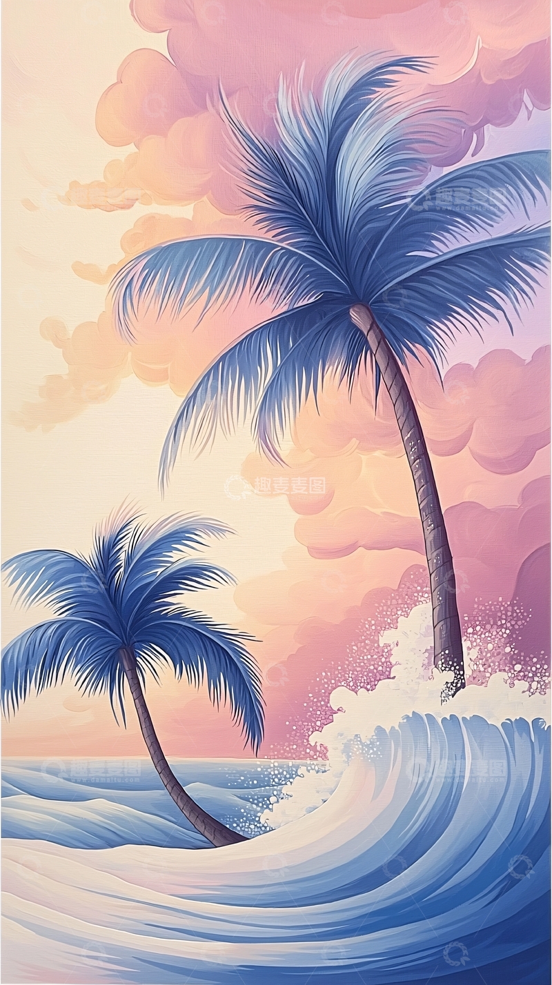 高清大图下载【趣麦麦图】热带海滩椰树海浪日落