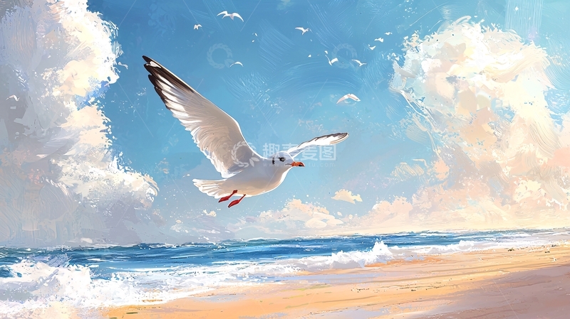 高清大图下载【趣麦麦图】海鸥飞翔沙滩蓝天白云