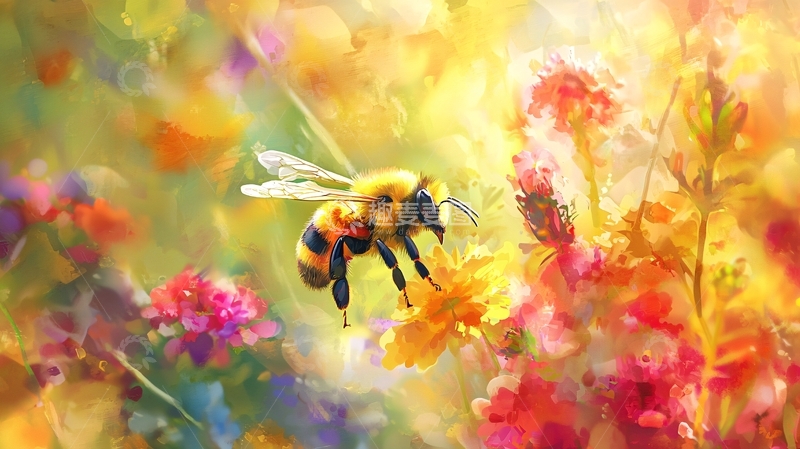 高清大图下载【趣麦麦图】蜂飞花间色彩斑斓