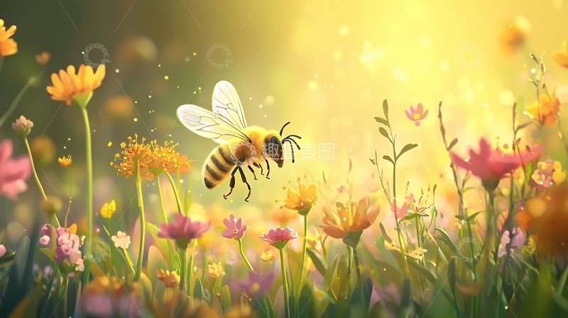 高清大图下载【趣麦麦图】阳光下的蜜蜂与花海