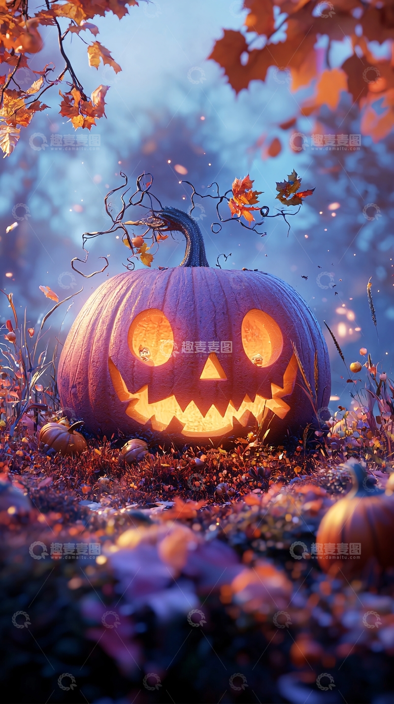 高清大图下载【趣麦麦图】万圣节南瓜灯与秋叶