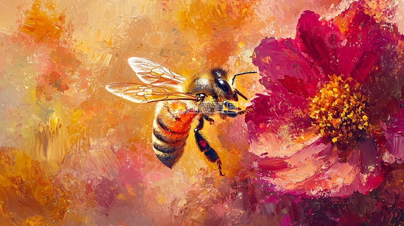 高清大图下载【趣麦麦图】蜜蜂采蜜油画风格插画