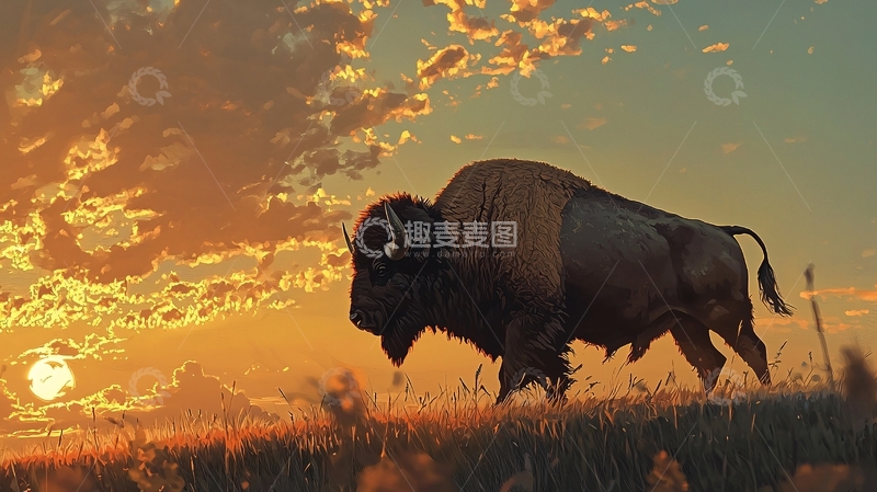 高清大图下载【趣麦麦图】草原上的野牛日落场景