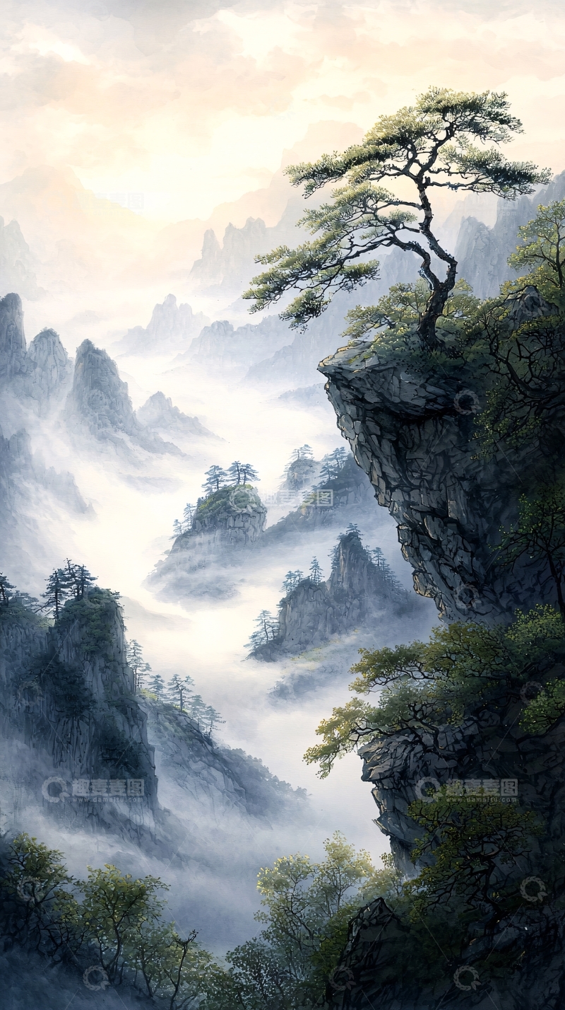 高清大图下载【趣麦麦图】云雾缭绕的山间松树
