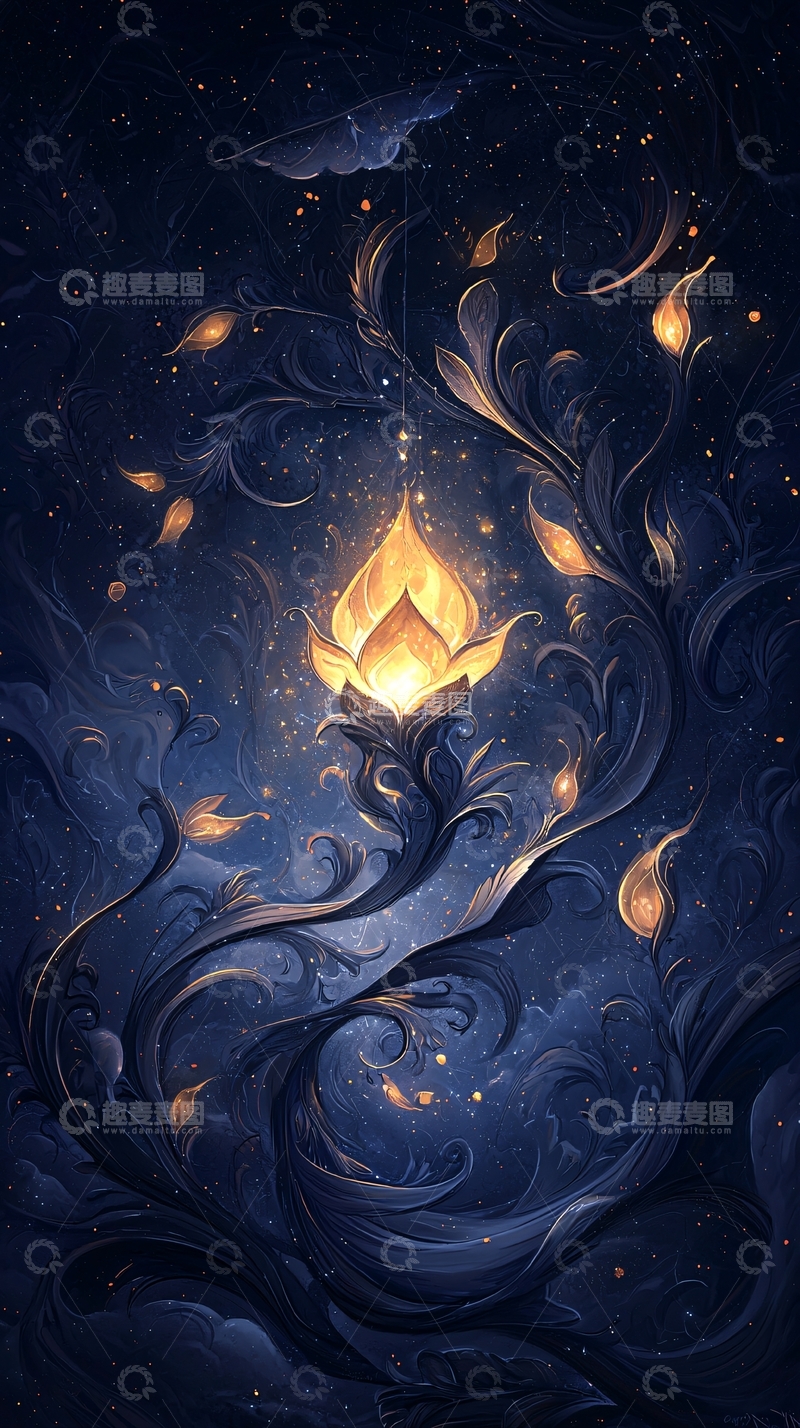 高清大图下载【趣麦麦图】梦幻夜空中的发光花朵