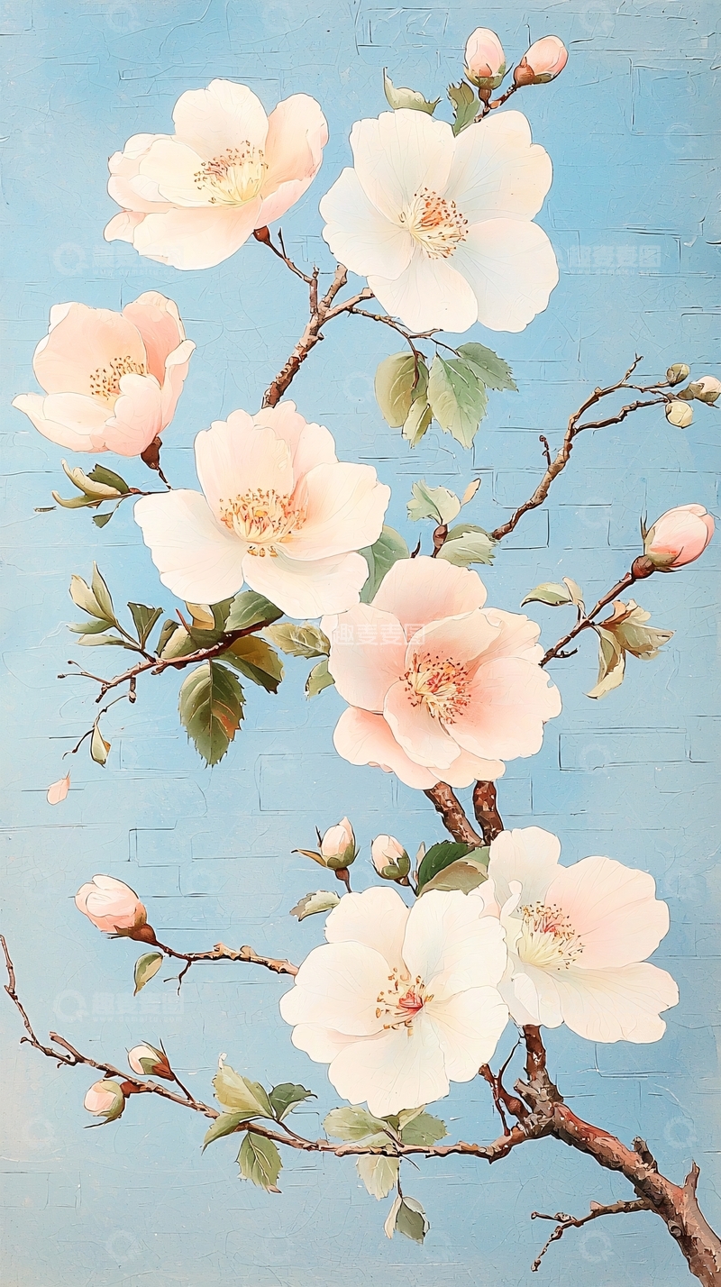 高清大图下载【趣麦麦图】粉色花朵树枝背景画