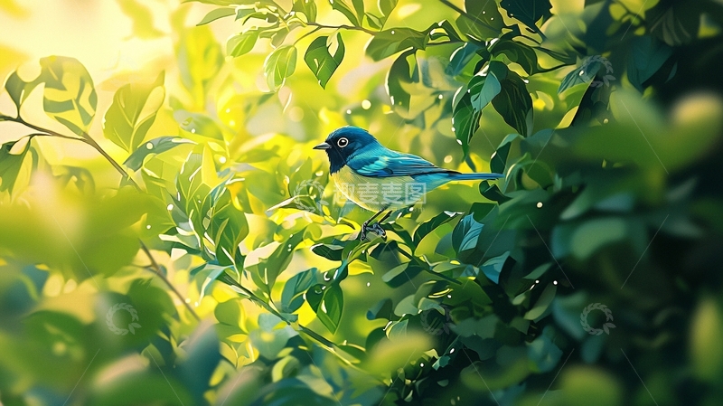 高清大图下载【趣麦麦图】蓝鸟栖息在绿叶间