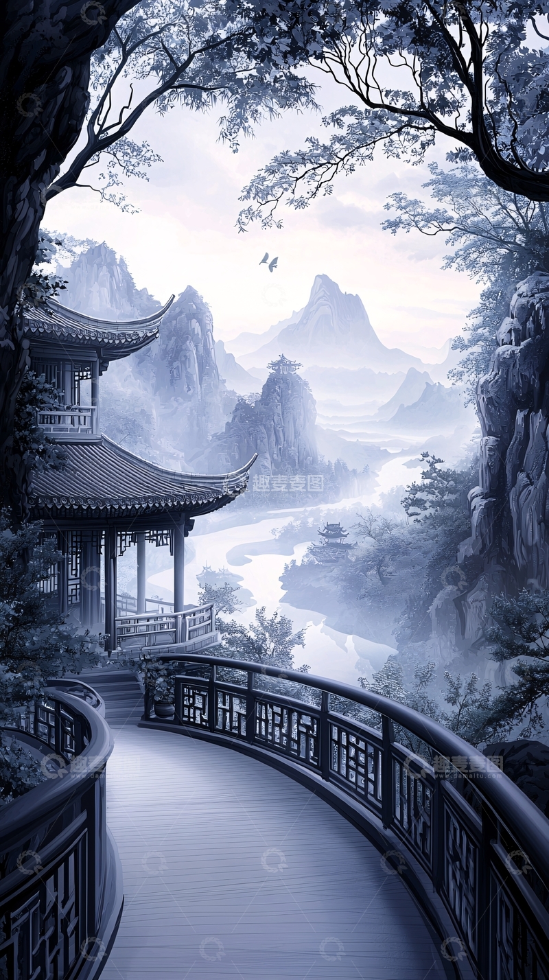 高清大图下载【趣麦麦图】山水画廊：古桥与亭阁