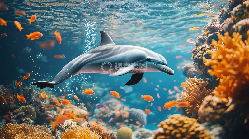 高清大图下载【趣麦麦图】海豚与珊瑚礁下的热带鱼群