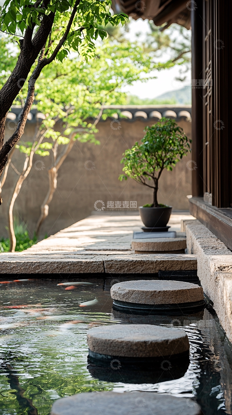 高清大图下载【趣麦麦图】庭院石桥与池塘风景