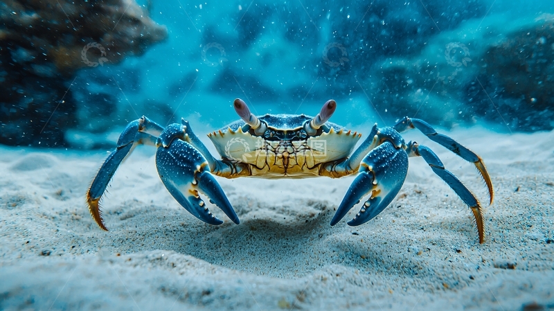高清大图下载【趣麦麦图】蓝色螃蟹在海底沙滩上