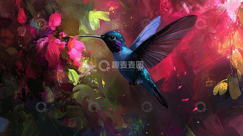 高清大图下载【趣麦麦图】梦幻蜂鸟与绚烂花朵