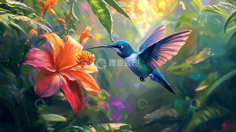 高清大图下载【趣麦麦图】蜂鸟与橙花的和谐之美