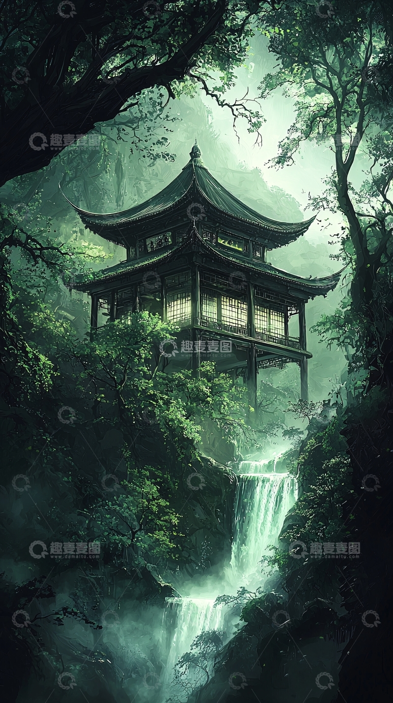 高清大图下载【趣麦麦图】古亭瀑布丛林仙境