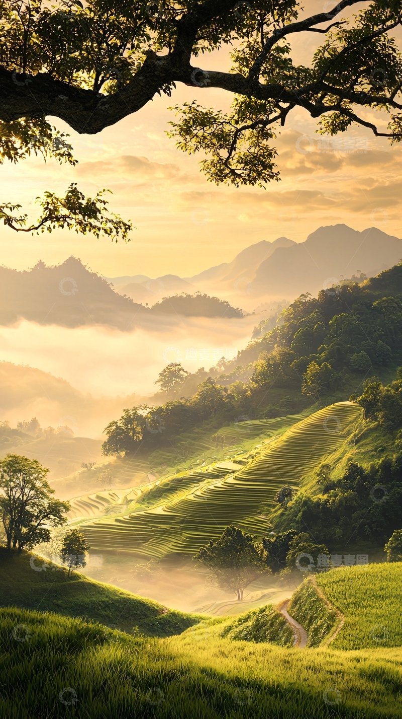 高清大图下载【趣麦麦图】梯田晨雾山间风景