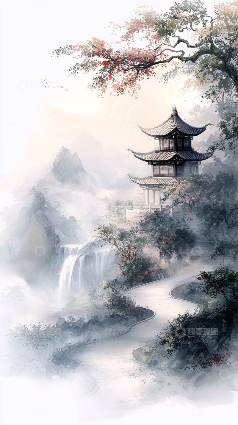 高清大图下载【趣麦麦图】秋日山水古塔图