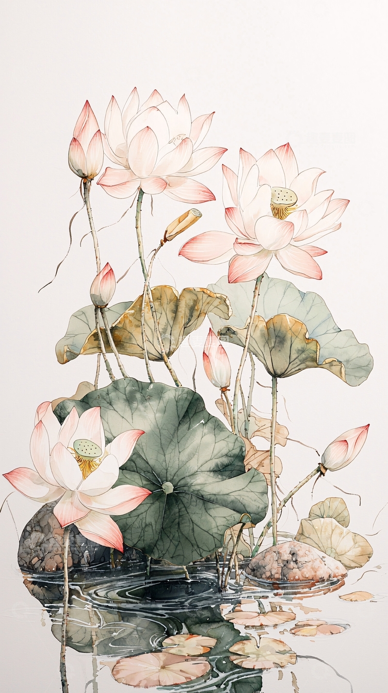 高清大图下载【趣麦麦图】荷花池塘水下植物插画