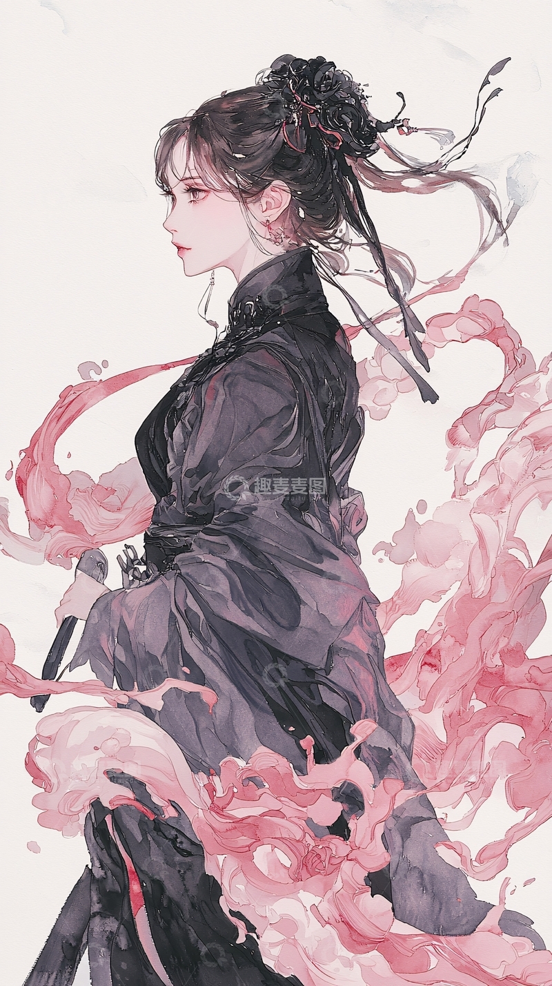 高清大图下载【趣麦麦图】黑衣女子与粉色烟雾