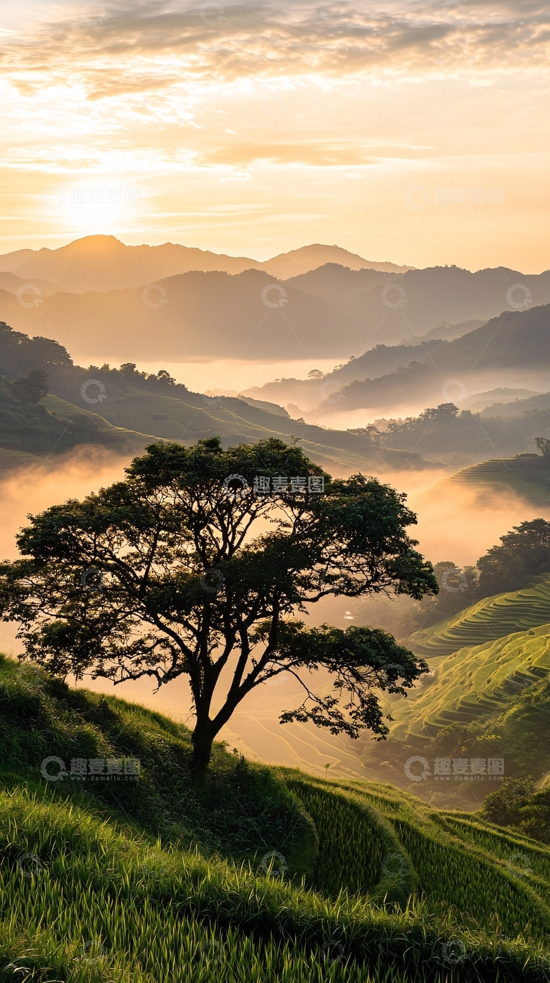高清大图下载【趣麦麦图】日出梯田树影