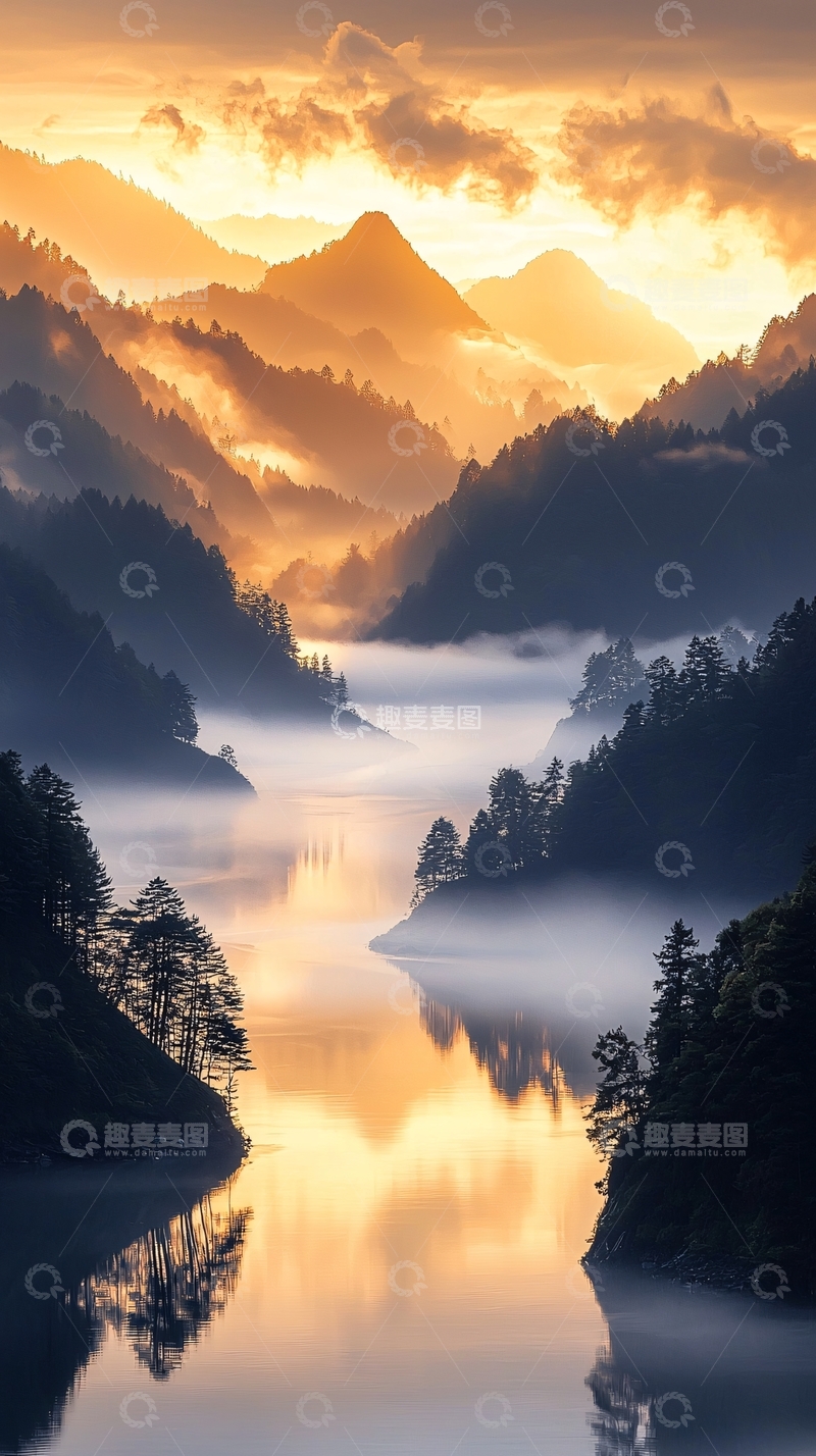 高清大图下载【趣麦麦图】晨雾中的山谷湖景