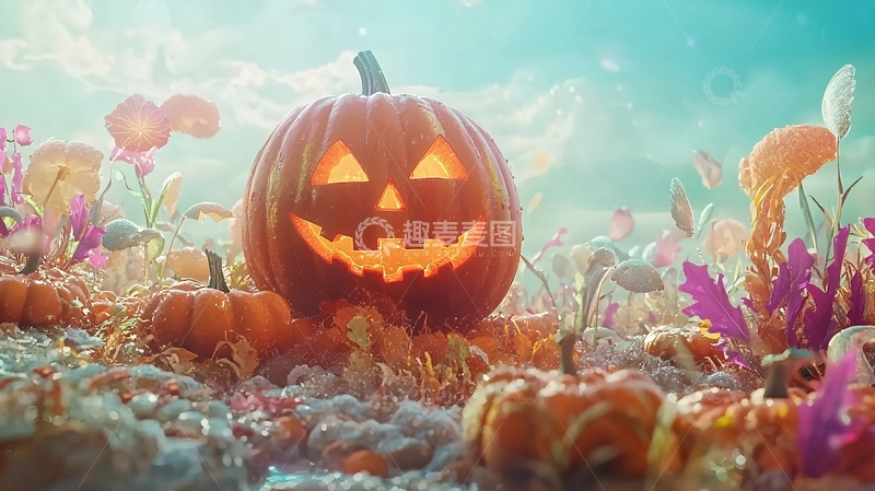 高清大图下载【趣麦麦图】万圣节南瓜灯与彩色花朵