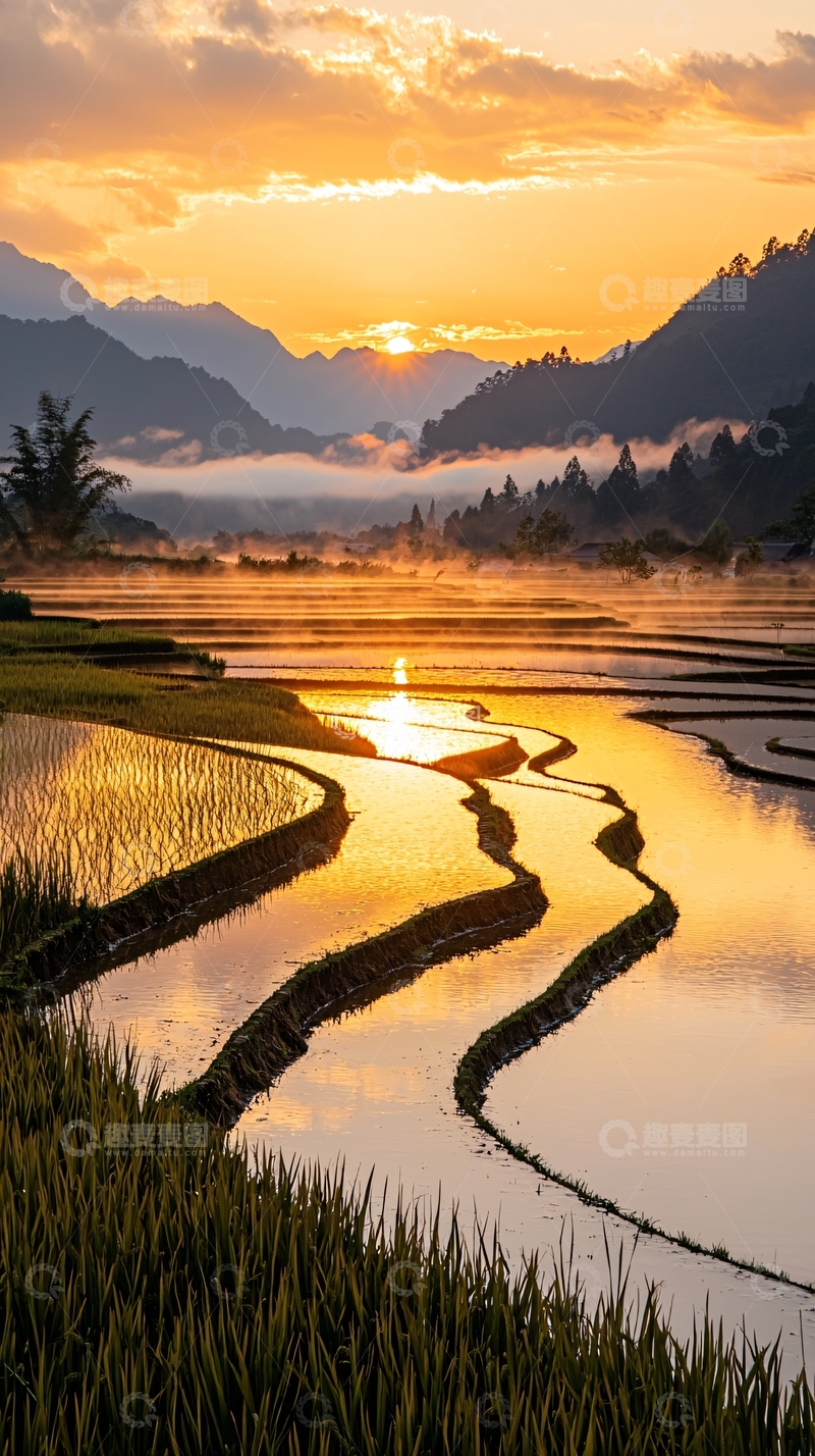 高清大图下载【趣麦麦图】日出梯田风景
