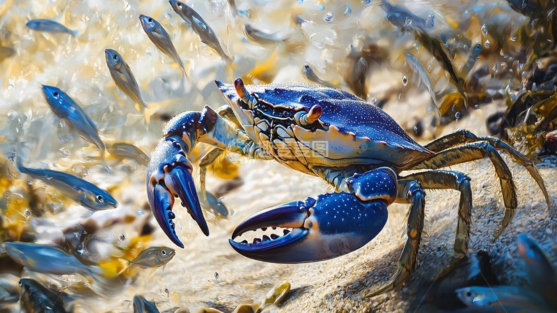 高清大图下载【趣麦麦图】蓝色螃蟹与鱼群的海洋场景