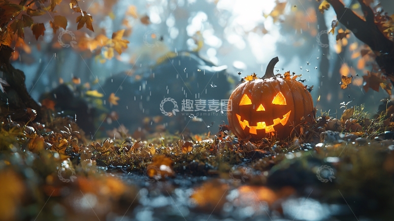 高清大图下载【趣麦麦图】秋日森林中的南瓜灯