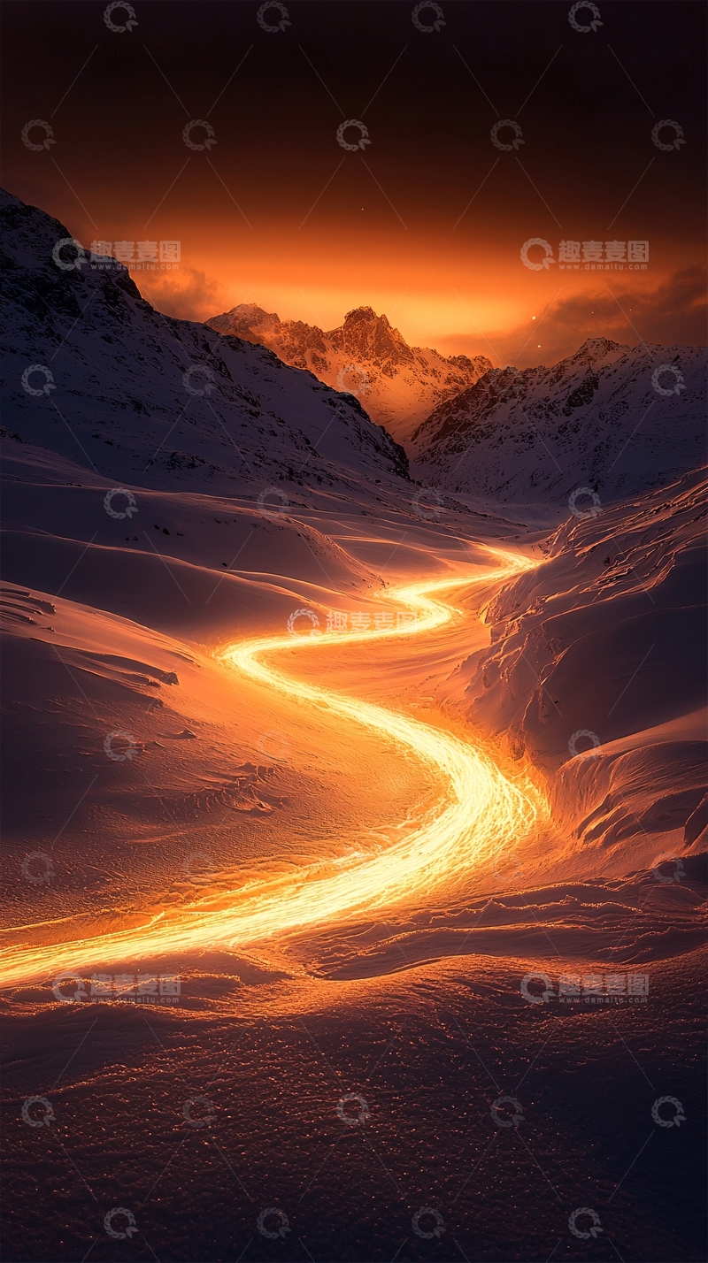 高清大图下载【趣麦麦图】雪地蜿蜒小径夕阳照