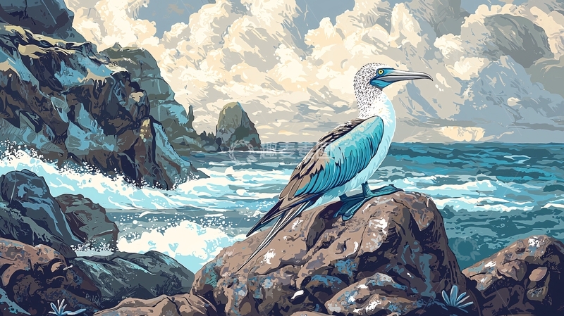 高清大图下载【趣麦麦图】蓝脚鲣鸟与岩石海岸