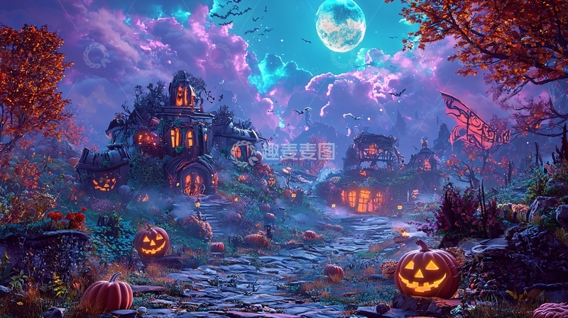 高清大图下载【趣麦麦图】万圣节夜景南瓜灯村庄