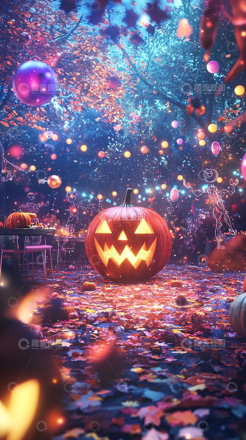 高清大图下载【趣麦麦图】万圣节南瓜灯与落叶森林