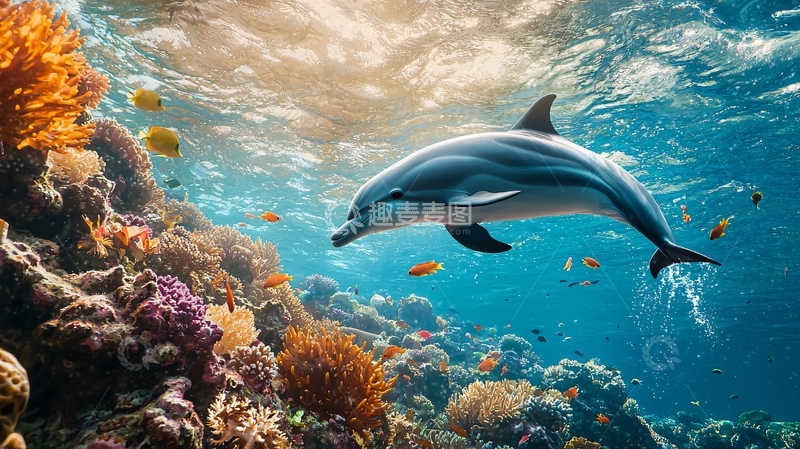 高清大图下载【趣麦麦图】海豚与珊瑚礁下的海洋生物