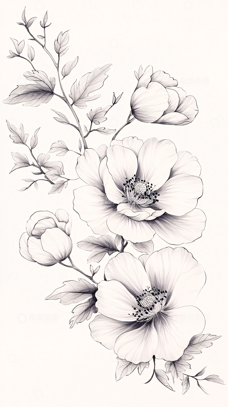 高清大图下载【趣麦麦图】黑白花卉手绘插画素材