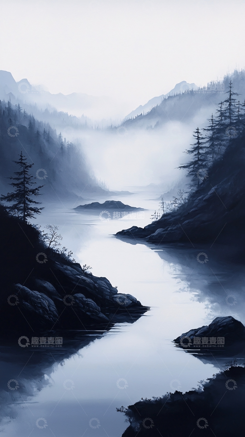 高清大图下载【趣麦麦图】晨雾中的宁静山谷