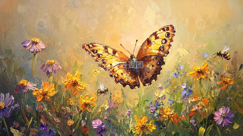 高清大图下载【趣麦麦图】蝴蝶与花田的春天画卷