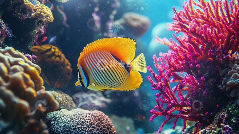 高清大图下载【趣麦麦图】热带珊瑚礁中的蝴蝶鱼