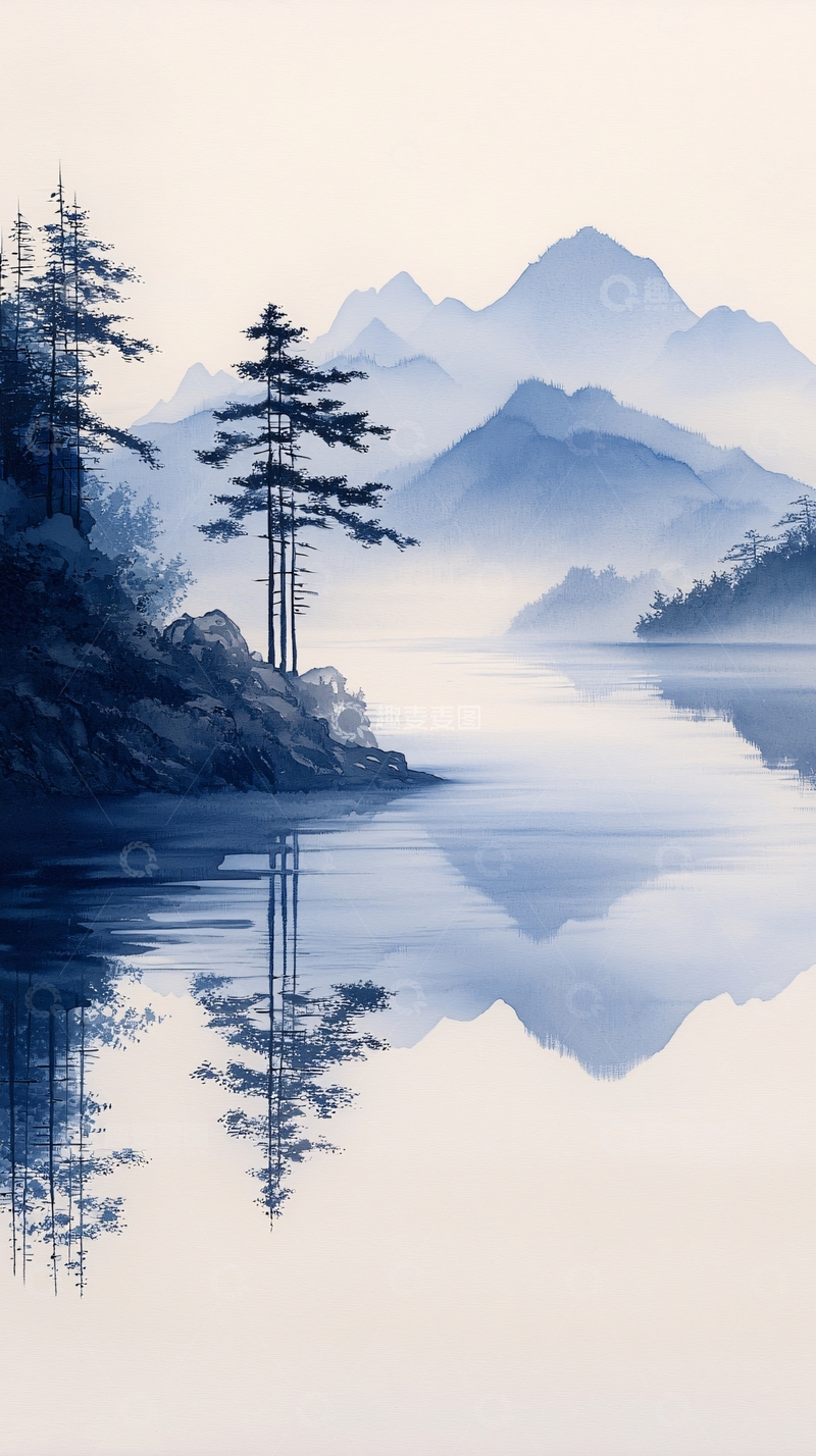 高清大图下载【趣麦麦图】静谧湖畔山影倒映